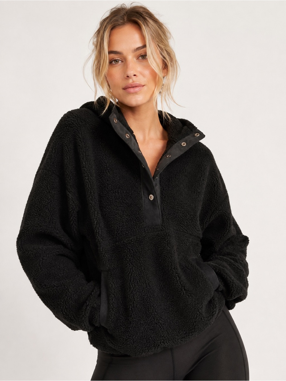 SO Women’s Sherpa Snap-Front V-Neck Pullover Sweater Jacket with Hood